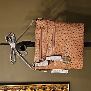 Giani Bernini Designer Embossed Faux Ostrich Crossbody Bag Purse Mocha Gold NWT